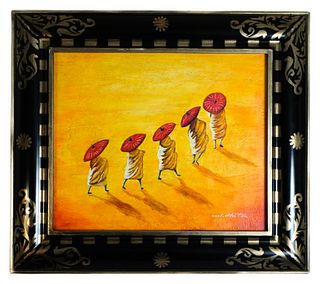Contemporary Oil Canvas Monks w/Umbrellas
