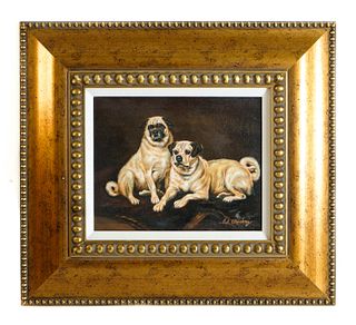 Oil on Canvas Interior Painting of Two Dogs