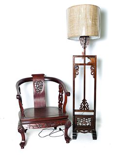 Chinese Hardwood Horseshoe Chair w/Floor Lamp