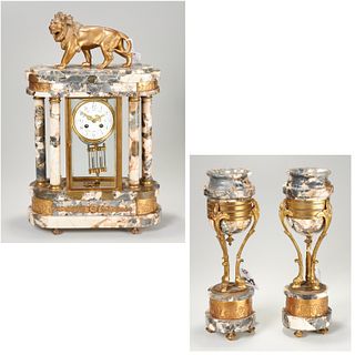 French bronze and marble mantel clock garniture