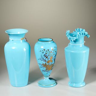 (3) antique blue opaline glass vases