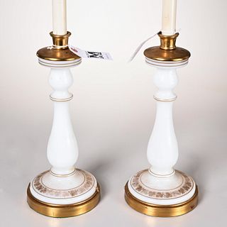 Pair gilt white opaline glass table lamps