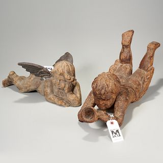 (2) large Continental carved wood putto figures