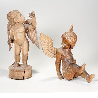 (2) large Continental carved wood cherubs