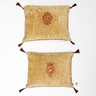 Pair antique Italian embroidered velvet pillows