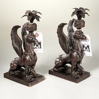 Pair griffin-form candle holders