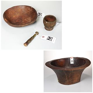 Antique Thai mortar & pestle and (2) bowls