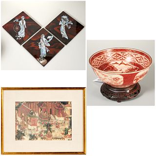 Japanese plaques, print, and porcelain bowl