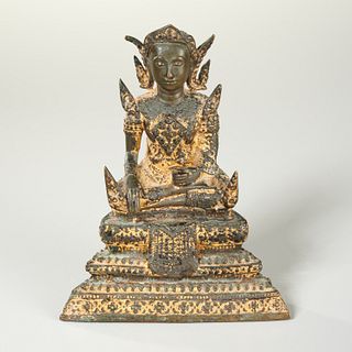 Thai gilt and lacquered bronze seated Buddha