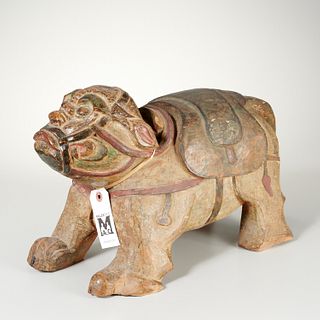 Asian carved, painted wood caparisoned beast