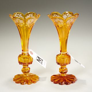 Elegant pair Bohemian amber glass vases