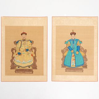 Pair of Chinese ancestor portraits on silk