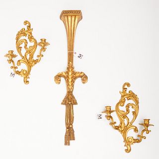 Pair Rococo style sconces and giltwood bracket