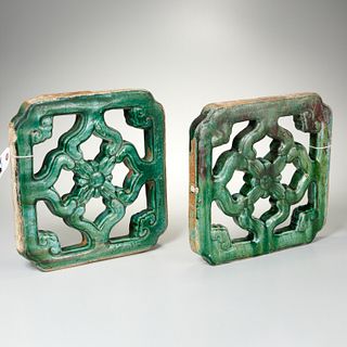 Pair Chinese green glazed architectural tiles