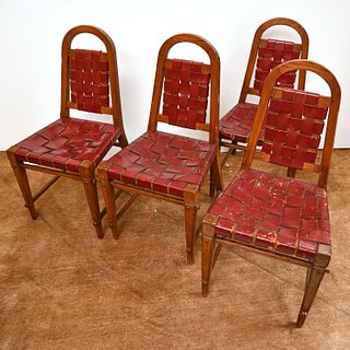 Set (4) Arts & Crafts leather & oak chairs