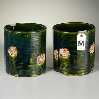 Pair Japanese studio pottery Yin and Yang planters