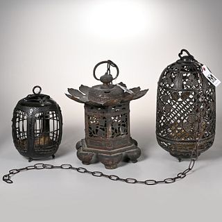 (3) Japanese patinated metal hanging lanterns