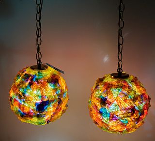 Pair Mid-Century spun acrylic pendant lights
