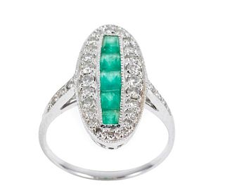 Deco Style 18k White Gold, Diamond, & Emerald Ring