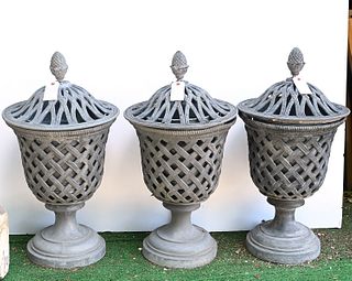 (3) Regency style covered lead garden urns