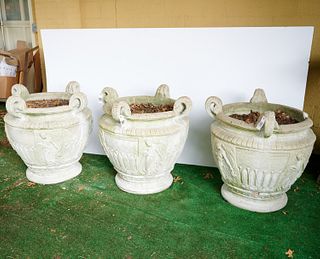 (3) large Neoclassical cast stone garden urns