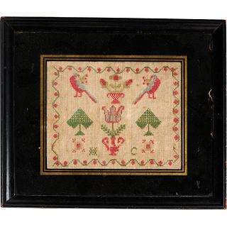 Antique English girlhood sampler in eglomise frame