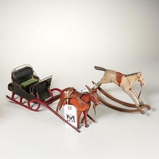 Antique horse drawn carriage & rocking horse toys