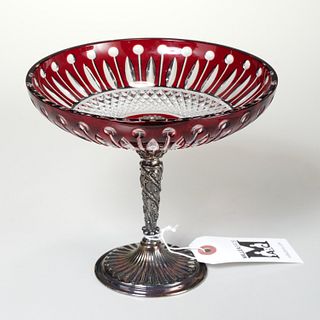 Sterling mounted ruby cut to clear glass compote