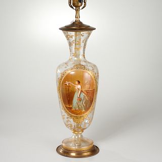 Antique Bohemian enameled and gilt glass vase lamp