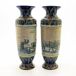 Pair Doulton Lambeth Hannah Barlow Vases With Deer Family