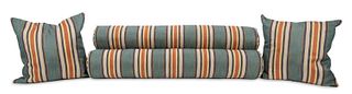 COLLECTION OF STRIPED PILLOWS, THROW & BOLSTER
