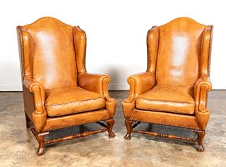 PAIR, CARAMEL LEATHER WING BACK CHAIRS