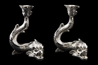 PAIR, CAMUSSO DOLPHIN STERLING SILVER CANDLESTICKS