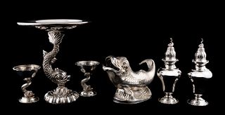 ENGLISH, SIX SILVER PLATE DOLPHIN TABLEWARE PIECES