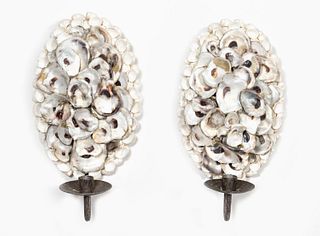 PAIR, OLY STUDIO STYLE OYSTER SHELL CANDLE SCONCES
