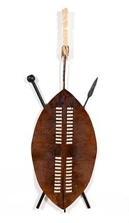 DECORATIVE ZULU STYLE COWHIDE SHIELD AND SPEAR
