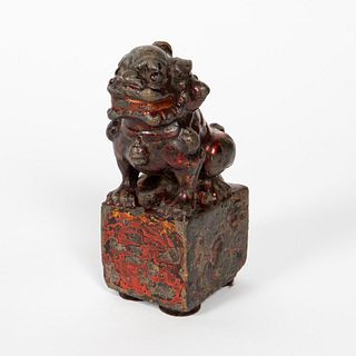 CHINESE, PARTIAL ENAMELED STONE GUARDIAN LION