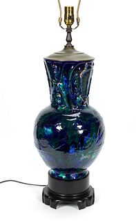 MCM CERAMIC BLUE / GREEN GLAZE TABLE LAMP