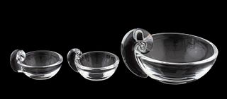 THREE, STEUBEN CRYSTAL OLIVE DISHES, SNAIL HANDLE