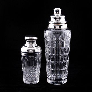 TWO CRYSTAL & SILVERPLATE COCKTAIL SHAKERS