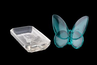 2 PC, TEAL BACCARAT BUTTERFLY & HOFFMAN TRAY