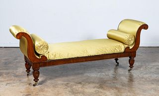 19TH C. REGENCY MAHOGANY DAYBED W/ BOLSTER PILLOWS