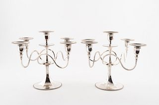 PAIR, FIVE LIGHT SILVER PLATED CANDELABRAS