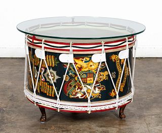 ENGLISH PAINTED DRUM TABLE, UK ROYAL COAT OF ARMS