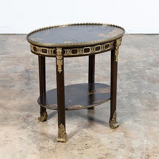 E. 20TH C. JAPANNED OVAL TABLE WITH ORMOLU MOUNTS