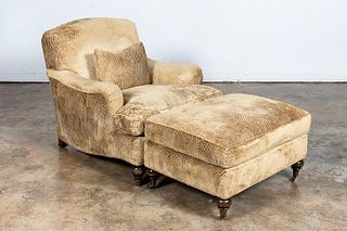 CAPERTON GOLD UPHOLSTERED CLUB CHAIR, OTTOMAN