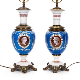 PAIR, NEOCLASSICAL BLUE CERAMIC VASIFORM LAMPS