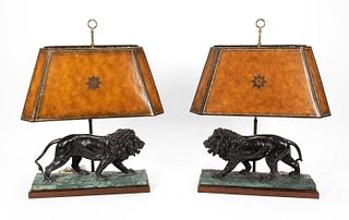 PAIR, MAITLAND SMITH BRONZE LION TABLE LAMPS