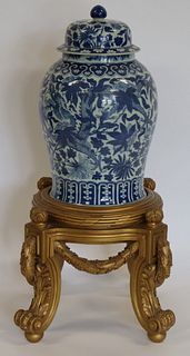 Large Blue and White Ginger Jar on Gilt Stand.