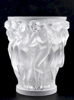Signed Lalique "Bacchantes" Crystal Vase, 9.5"